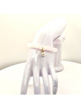 Pink Rose Glass Beaded Bracelet With Faux Pearl Charm Elegant Stretch Design